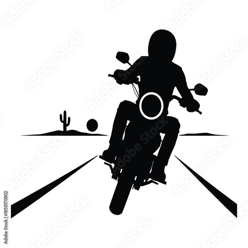 Lone motorcycle rider silhouette on an open desert highway adventure with cactus and sun isolated on transparent background