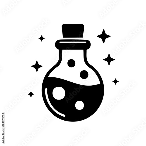 Potion Bottle with Glowing Stars Black and White Minimalist Icon Design. Magic elixir simple drawing.