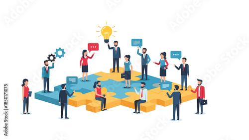 Diverse business team collaborating on a puzzle representing teamwork, innovation, and problem-solving in a modern office environment.