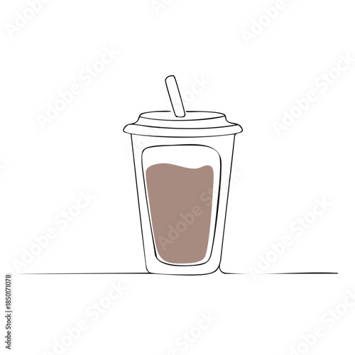 Brown beverage in take away plastic cup with a straw vector illustration with single line art.