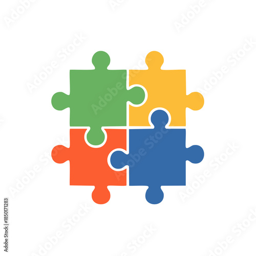 Connected puzzle pieces forming a square symbolizing unity, teamwork, and problem solving, representing strategy, intelligence and cooperation