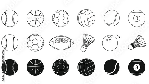 Comprehensive Sports Ball Icon Collection: Vector Line Art and Silhouettes of Soccer, Basketball, Tennis, Baseball, and More