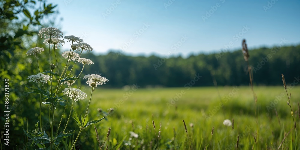Fototapeta premium Wild Siberian Hogweed plant flowering in summer forest, highlighting medicinal properties, nature scene