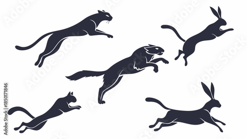 Fast Leaping Panther and Hare Silhouettes for Business Agility Speed Competition and Dynamic Marketing Solutions.