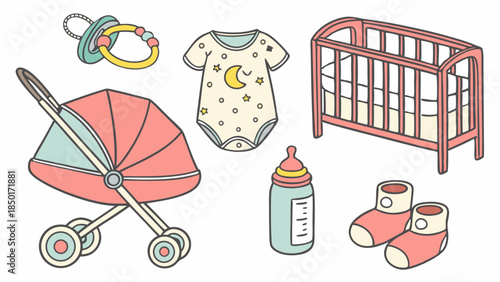 Sweet Baby Essentials Collection for Expecting Parents and New Families. Stroller Crib Bottle Onesie Booties Pacifier for Childcare and Maternity Design.