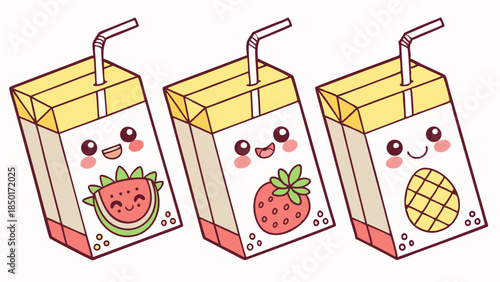 Cute Kawaii Fruit Juice Boxes Watermelon Strawberry Pineapple Vector Illustration Kids Beverage Packaging Design Summer Fun