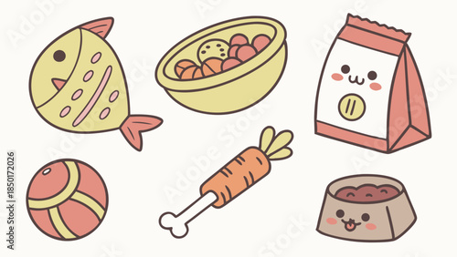 Cute Kawaii Pet Food Toys and Supplies Doodle Icons Set Vector Illustration for Animal Care Website Design and Veterinary Graphics