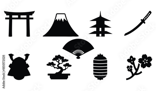 Japanese culture icons set traditional symbols in silhouette style vector