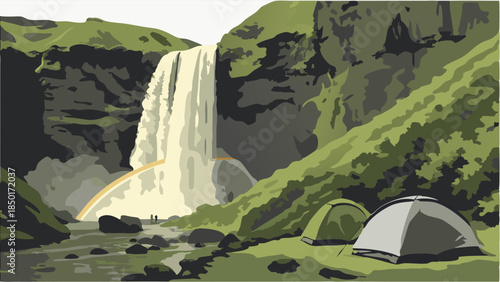 Serene Wilderness Camping Landscape with Waterfall Rainbow and Hiking Tents Outdoor Adventure Illustration