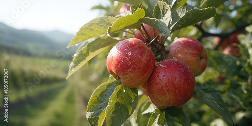 Ripe apples hanging from a tree in an orchard, illustrating seasonal fruit collection for agricultural awareness © AkuAku