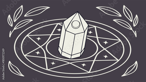 Glowing Mystical Crystal Gemstone in Sacred Magic Ritual Circle with Laurel Wreaths for Fantasy Gaming and Esoteric Design