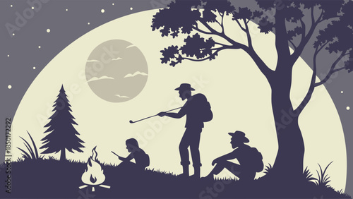 Outdoor Adventure Camping Group Around Campfire Under Moonlight Silhouette Illustration for Travel Blogs Nature Exploration and Relaxation