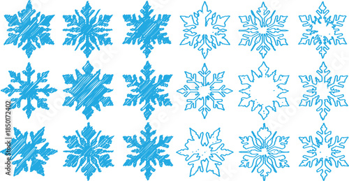 Hand Drawn Blue Snowflake Icons Set with Scribble Sketch Texture, Scribble Effect Snowflake Vector Illustrations