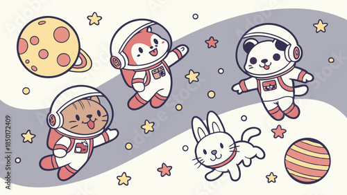 Cute Animals Astronauts Floating in Space for Kids Party Invitation, Website Design, Children's Book Illustration, Whimsical Adventure