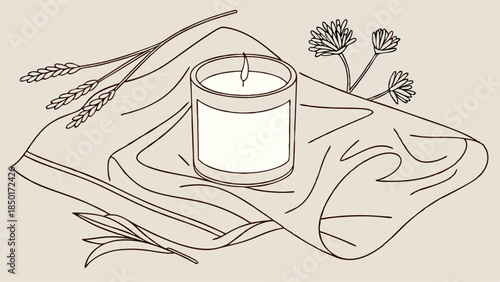 Cozy Candle Ambiance on Fabric with Wheat and Flowers for Relaxation, Wellness, Home Decor, and Lifestyle Marketing Content