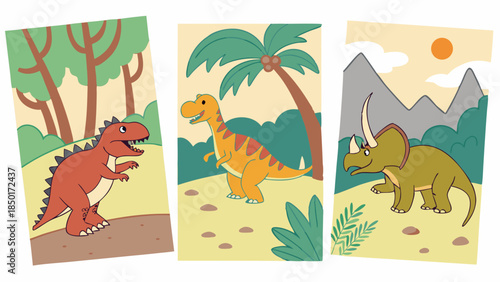 Cute Cartoon Dinosaurs Roaring in Prehistoric Jungle Landscape for Kids Education and Playful Marketing Designs