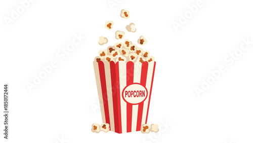 Overflowing red and white striped popcorn bucket with scattered kernels creates a classic movie snack scene.