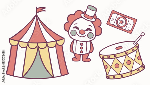 Cute Circus Carnival Elements Set Clown Tent Drum Ticket for Children Party Event Design Fun Entertainment