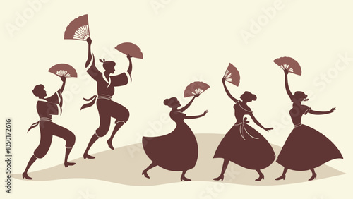 Silhouettes of Diverse Dancers Performing Joyful Traditional Fan Dance for Cultural Festival or Travel Promotion