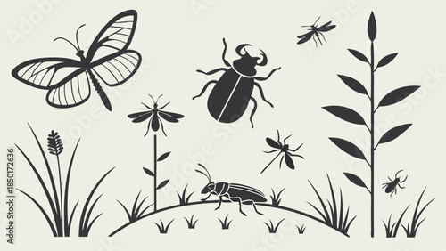 Diverse Insects and Plants Silhouette Illustration. Nature's Ecosystem with Butterfly, Beetle, Mosquitoes for Environmental Education, Gardening, Pest Control.