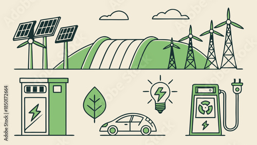 Green Renewable Energy Grid with Solar Wind Hydro Power Electric Vehicles EV Charging Stations for Sustainable Eco-Friendly Future and Clean Technology
