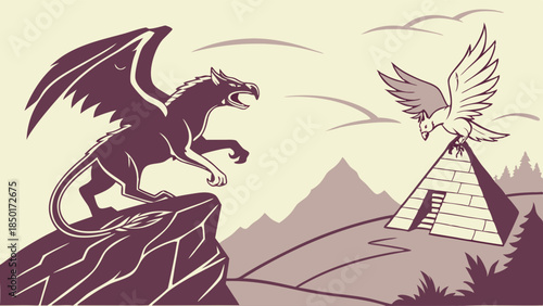 Mythical Winged Beast on Mountain Cliff and Peaceful Dove on Ancient Pyramid Fantasy Illustration