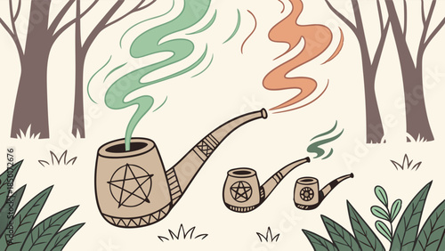Mystical Smoking Pipes with Pentagram and Star Symbols Emitting Green Orange Smoke in Enchanted Forest Illustration for Magic