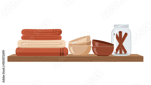 Cozy still life featuring folded towels, ceramic bowls, and cinnamon sticks in a glass jar on a wooden shelf.