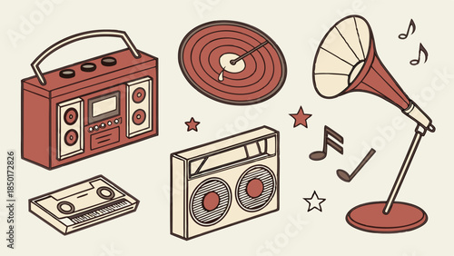 Retro Music Collection Boombox Cassette Vinyl Record Gramophone for Nostalgic Audio Design and Vintage Media Promotion