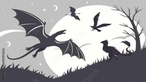 Fantasy Dragon Flight Over Moonlit Landscape, Mythical Creatures for Game Art, Book Covers, Website Banners, Adventure Themes, Magical Night Scene