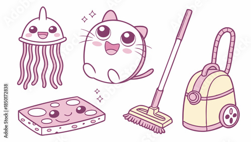 Cute Kawaii Cleaning Supplies Sponge Jellyfish Cat Vacuum Mop Set for Kids Home Organization Design Projects