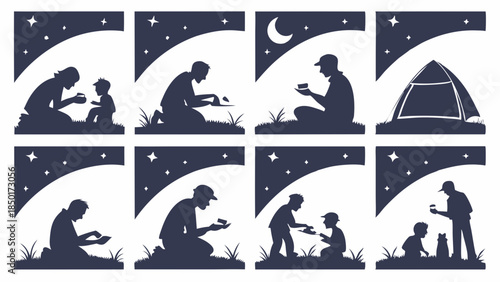 Family Camping Night Silhouettes Set Father Child Stargazing Storytelling Outdoor Adventure Icons for Summer Travel Web Design