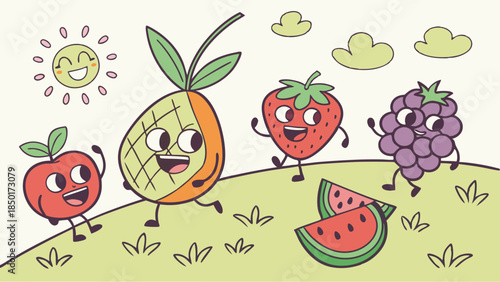 Playful Cartoon Fruits Running on Sunny Hill. Vibrant Vector Illustration for Kids' Healthy Eating, Nutrition Education, and Summer Fun.