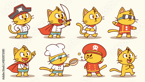 Cheerful Yellow Cartoon Cats in Diverse Roles Pirate Superhero Chef Soldier for Childrens Learning Games and Playful Branding Vector