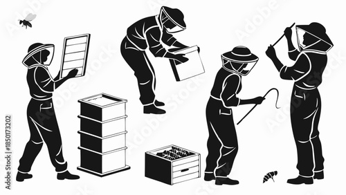 Beekeepers In Protective Suits Working With Honeycomb Frames And Beehives, Apiary Management For Sustainable Agriculture And Natural Sweetener Production, Busy Summer Harvest