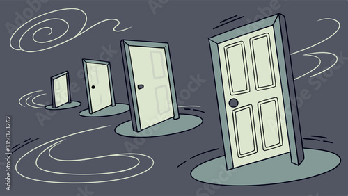 Multiple Doors Receding into Dark Swirling Void Symbolizing Career Path Decisions Future Opportunities and Business Choices