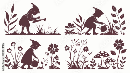 Whimsical Gnome Gardeners Silhouette Set Elves Watering Flowers and Plants Spring Nature Vector Graphics for Childrens Books