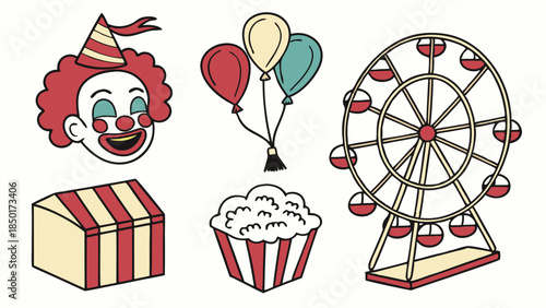 Retro Carnival Fairground Elements Set Vintage Illustration Of Clown Ferris Wheel Popcorn And Balloons For Fun Party Event Design