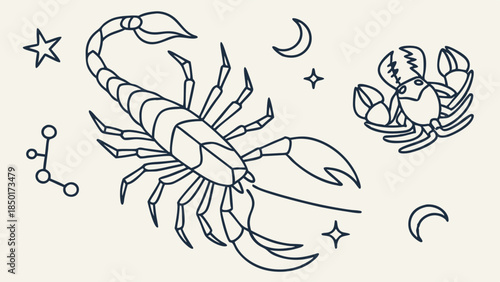 Scorpio and Cancer Zodiac Signs Outline Drawing Celestial Constellations Minimalist Line Art for Spiritual and Horoscope Design