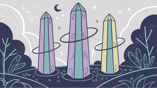 Pastel Crystal Towers Floating Rings Vector Art Mystical Fantasy Landscape Night Scene Design Element