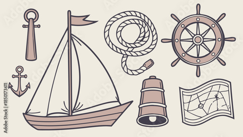 Vintage Nautical Sailing Icons Set Ship Anchor Wheel Rope Map Vector Graphic for Maritime Travel and Coastal Branding