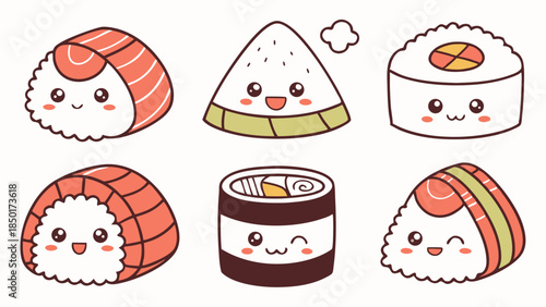 Cute Kawaii Sushi And Onigiri Cartoon Vector Set Happy Japanese Food Icons For Restaurant Menu Web Design And Social Media Marketing Illustration