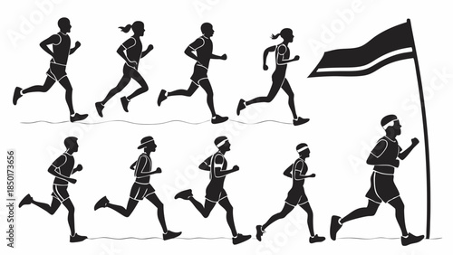 Determined Runners Sprinting Across the Finish Line Race Competition Achievement Graphic for Fitness and Success
