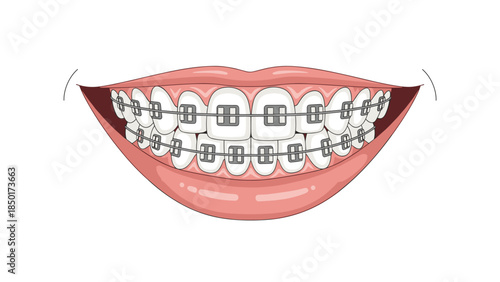 A vibrant illustration showcases a smiling mouth with traditional metal braces, highlighting orthodontic treatment and dental health.