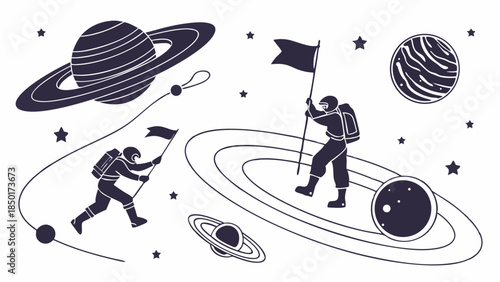 Pioneering Astronauts Planting Flags on Distant Planets Space Exploration Discovery Mission Achievement Illustration for Web Design