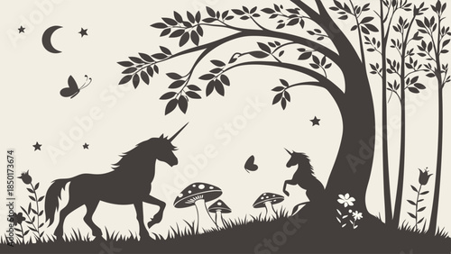 Magical Unicorn Silhouette Mother and Foal in Enchanted Forest Woodland Scene Nursery Decor Fantasy Illustration