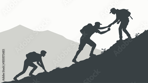 Teamwork Silhouette Hikers Climbing Steep Mountain Helping Hand Support Leadership and Success Challenge Motivation Graphic