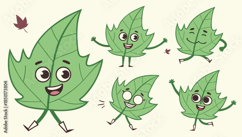 Energetic Green Leaf Cartoon Mascot Character Set Happy Poses Vector Illustration for Kids Education Nature and Sustainable Design Projects