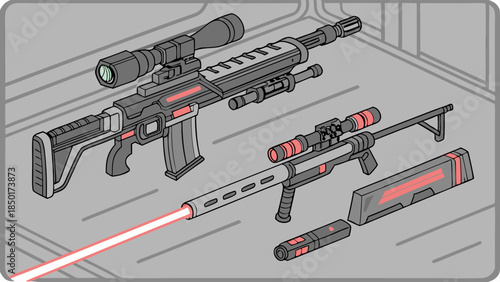 High Tech Futuristic Sniper Rifle and Laser Weapon Set Isometric Vector Illustration for Gaming, Warfare, and Precision Technology