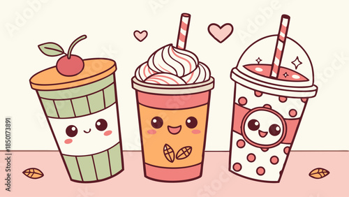 Happy Kawaii Drinks Vector Illustration Adorable Pastel Bubble Tea and Iced Coffee Set for Cafe Menu Design and Sweet Social Media Graphics